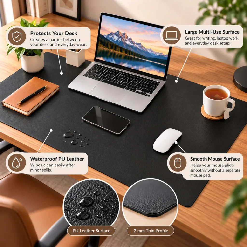 Infographic showing a large desk pad with callouts for desk protection, waterproof PU leather, smooth mouse surface, and a large multi-use area.