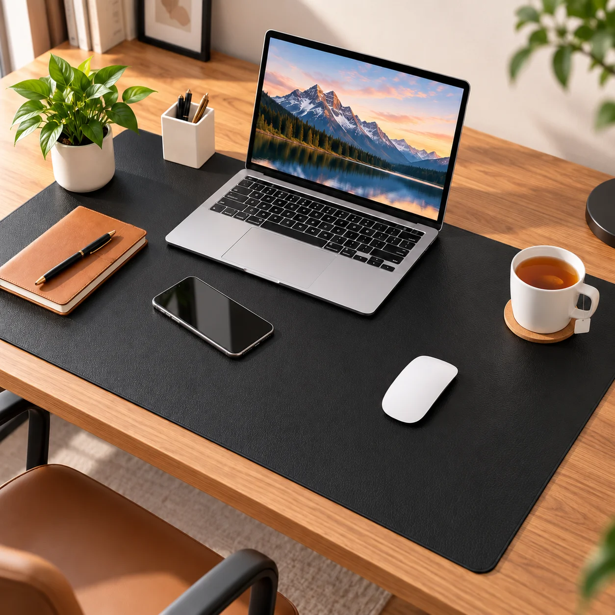 Large black desk pad on a wooden desk with a laptop, mouse, phone, notebook, and tea cup.