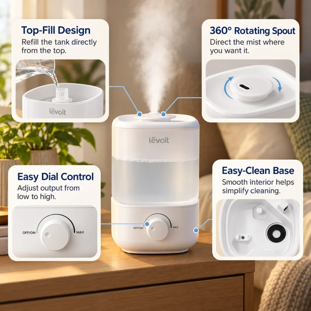 Infographic showing the Levoit Classic 160 humidifier with top-fill design, 360-degree rotating spout, easy dial control, and easy-clean base.