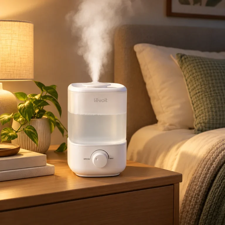 Levoit Classic 160 humidifier producing cool mist on a wooden bedside table in a warm bedroom.