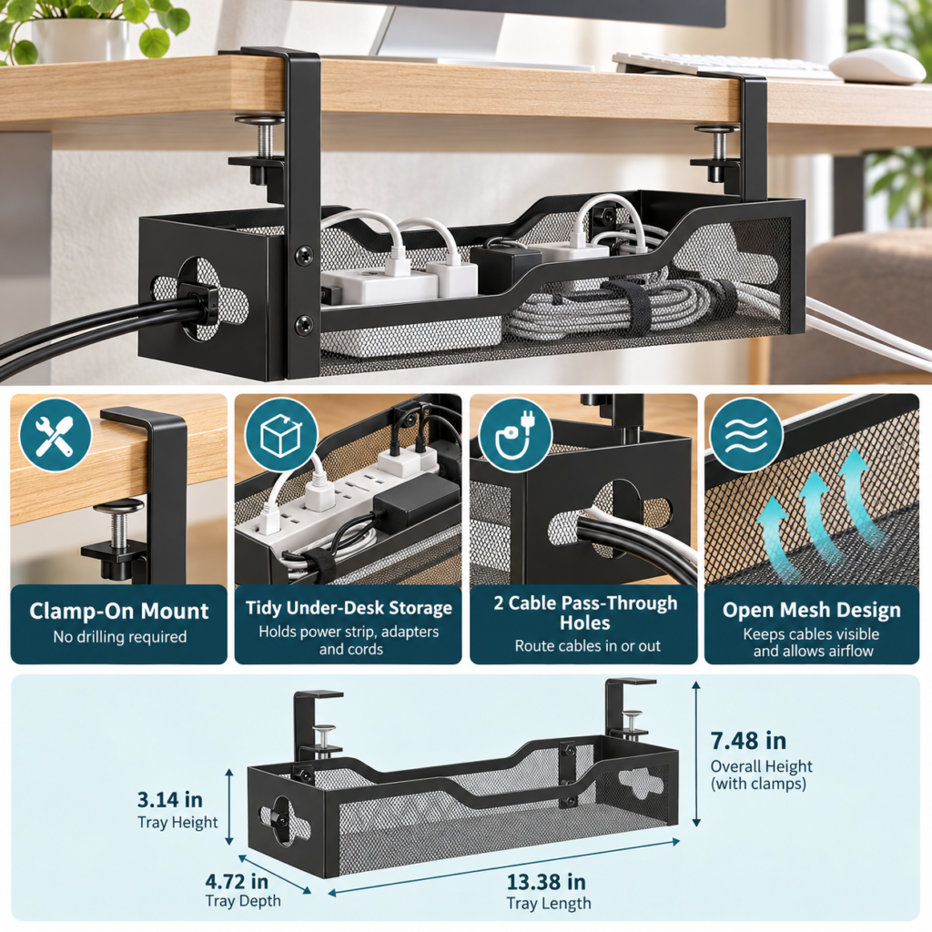Infographic showing the Litwaro clamp-on metal mesh cable tray, two cable pass-through holes and tray dimensions.