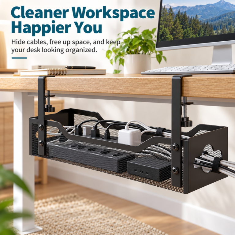 Black clamp-on under desk cable management tray holding a power strip, adapters and coiled cords beneath a wooden desk.