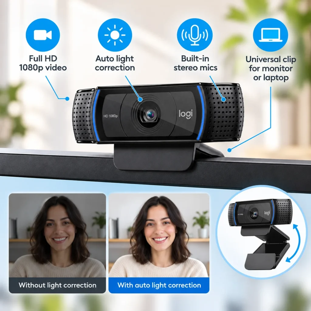 Logitech C920x HD Pro Webcam infographic showing 1080p video, auto light correction, stereo microphones and a universal mounting clip.