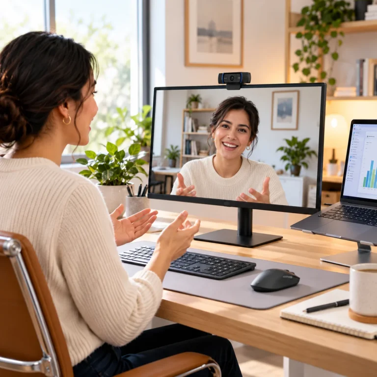 Logitech C920x HD Pro Webcam mounted on a monitor during a home-office video call.
