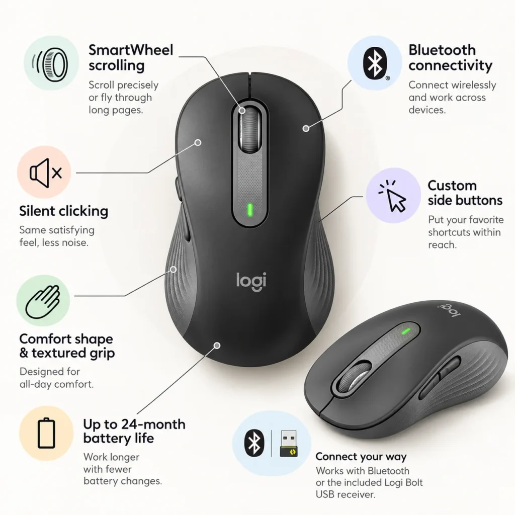 Infographic of the Logitech Signature M650 L wireless mouse highlighting SmartWheel scrolling, quieter clicks, Bluetooth and Logi Bolt connectivity, side buttons, comfort grip, and up to 24-month battery life.