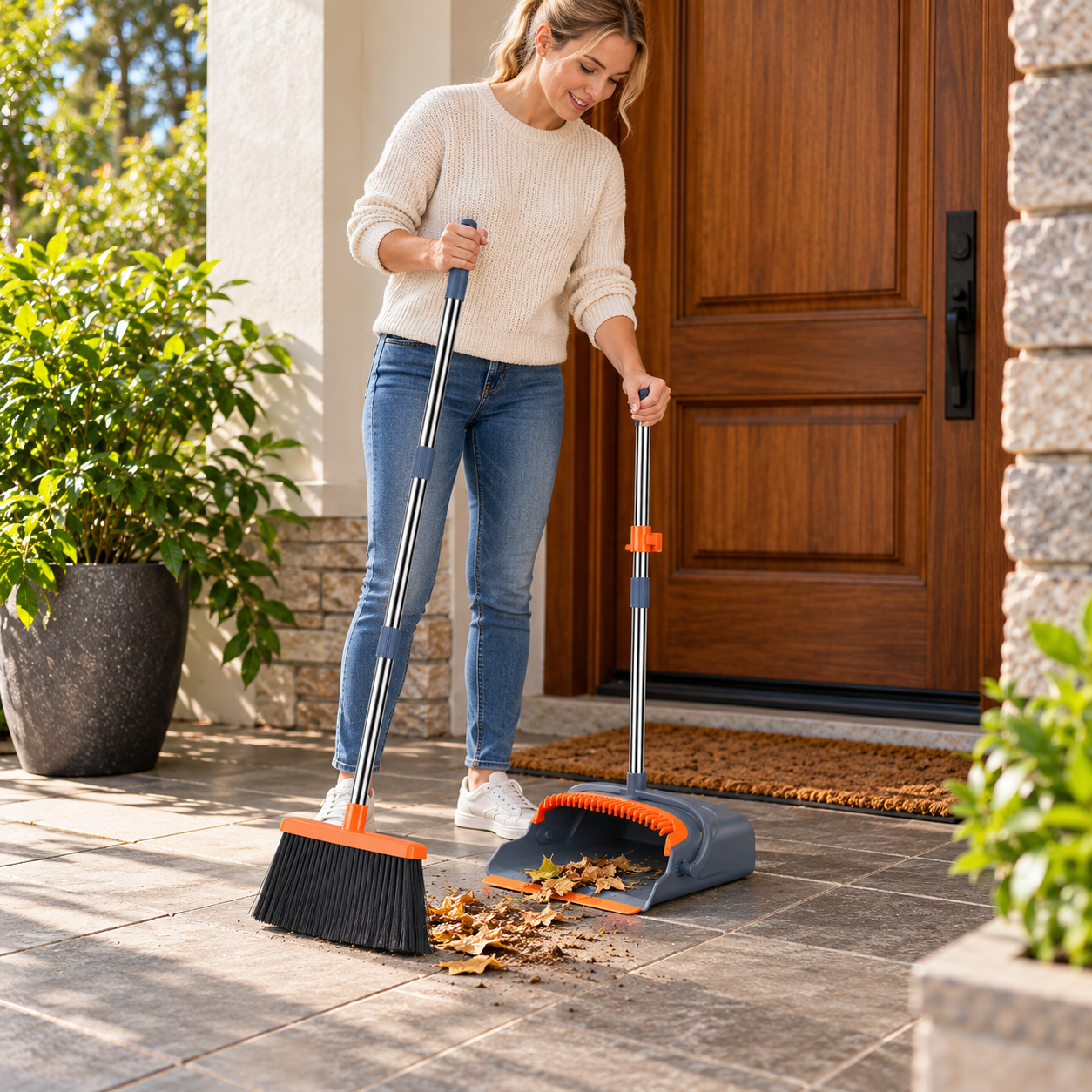 Person sweeping leaves into a gray and orange long handle dustpan with a matching broom at a home entryway.