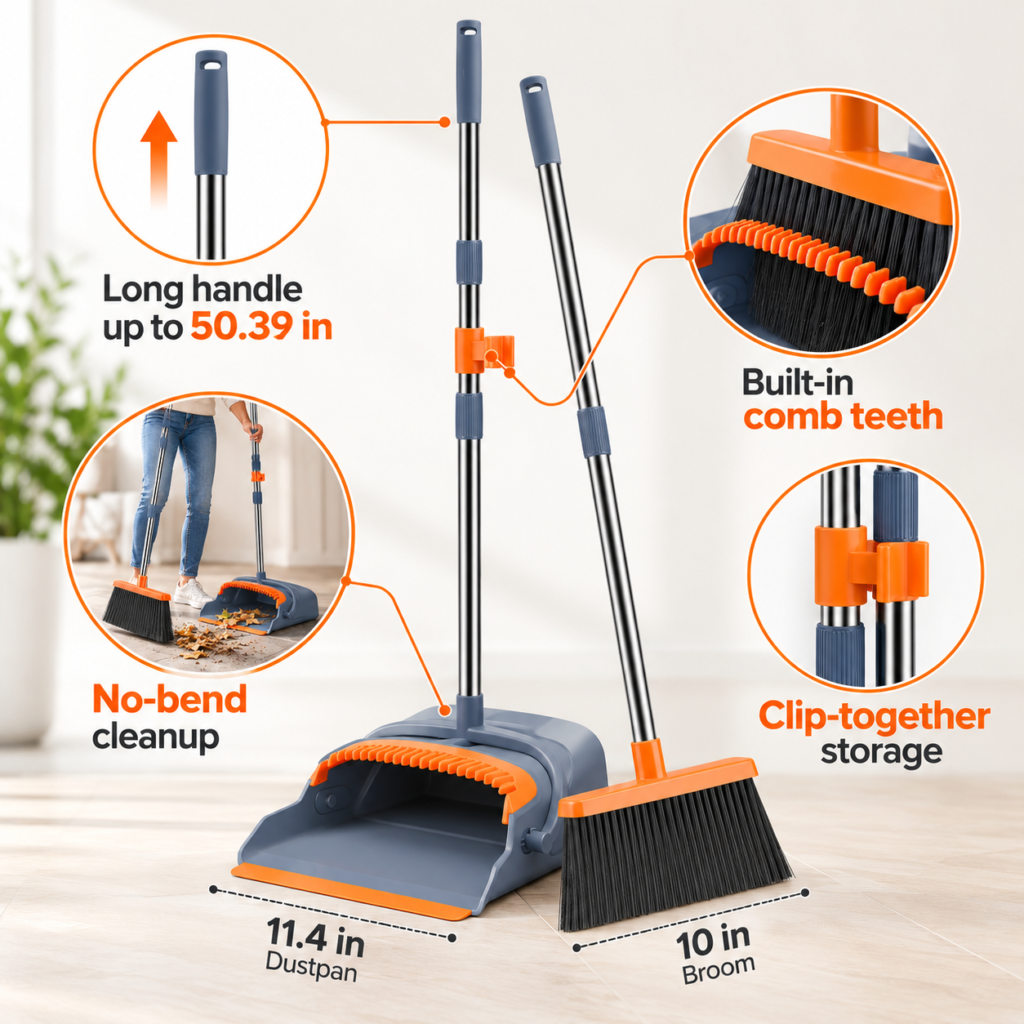 Long Handle Broom and Dustpan Set — Feature Infographic