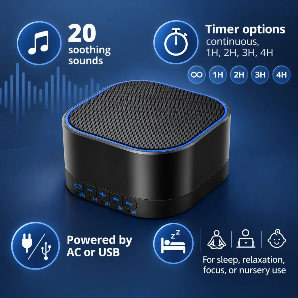 Infographic of a Magicteam white noise machine showing 20 soothing sounds, continuous or 1–4 hour timer options, AC or USB power, and common use cases.