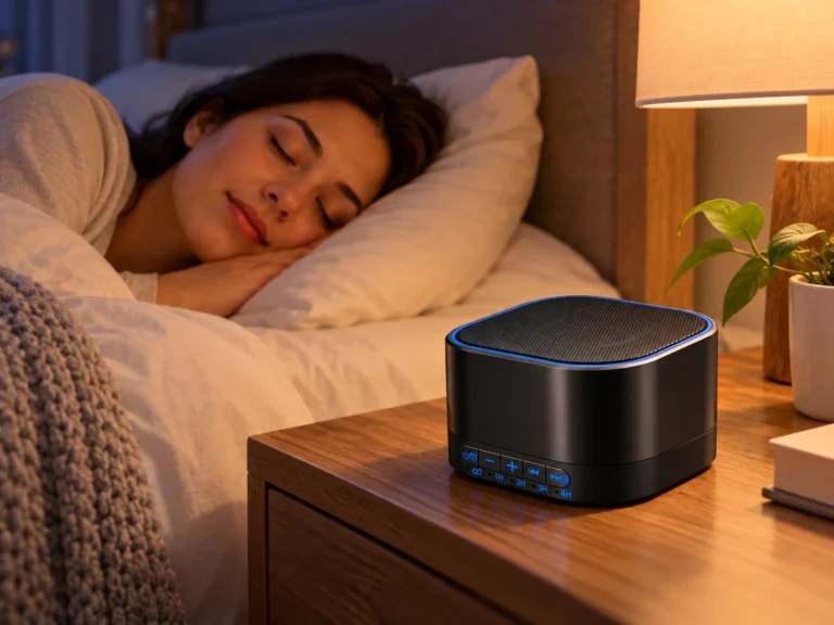 Black Magicteam white noise machine on a wooden bedside table beside a sleeping person.