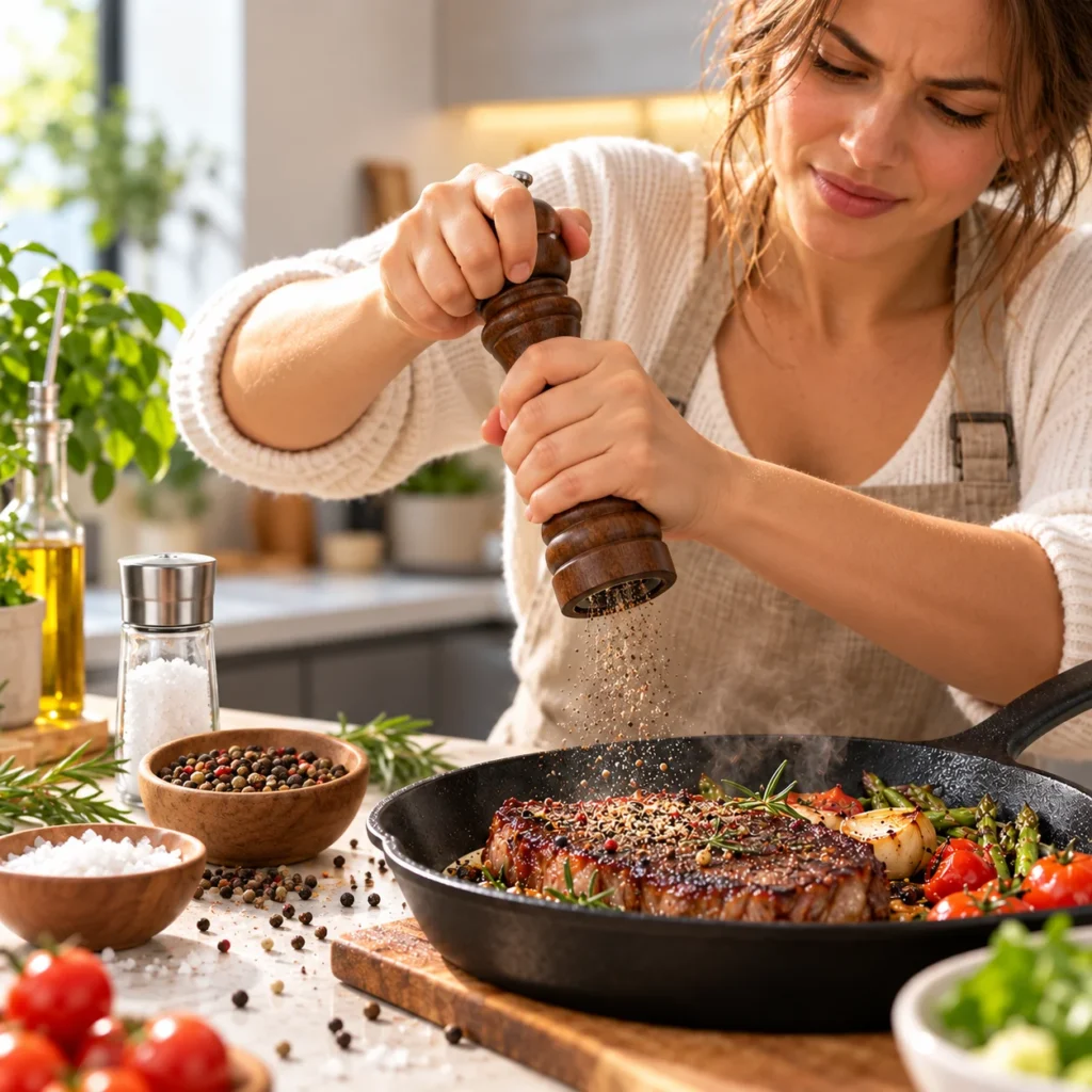 Woman using a wooden manual pepper mill over a skillet while cooking in a bright kitchen, before using electric salt and pepper grinder set.