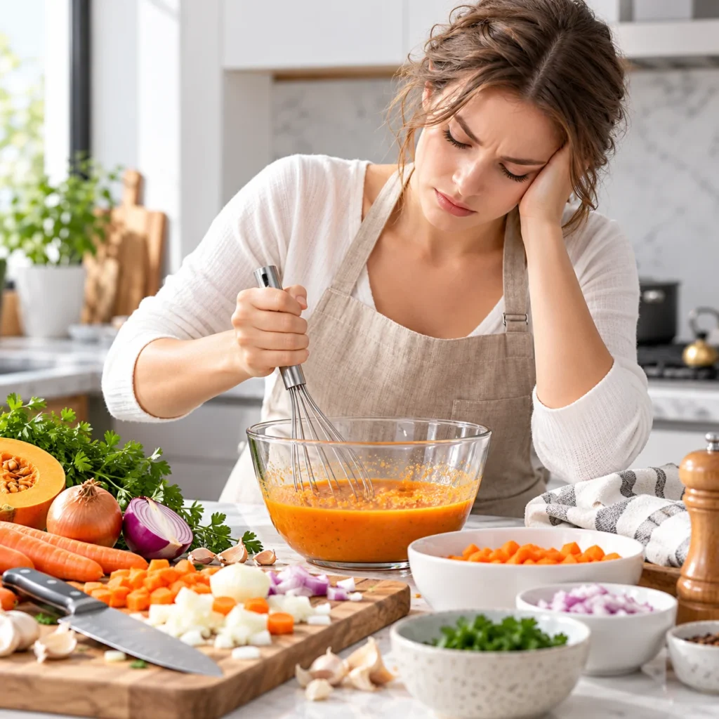 Woman manually whisking a mixture in a bowl during a busy kitchen prep session with chopped vegetables nearby.