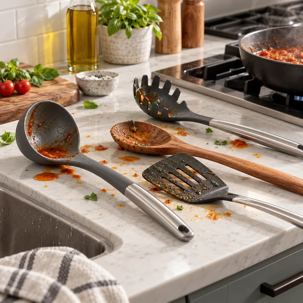 Saucy cooking utensils scattered across a kitchen counter beside a stove during meal preparation.