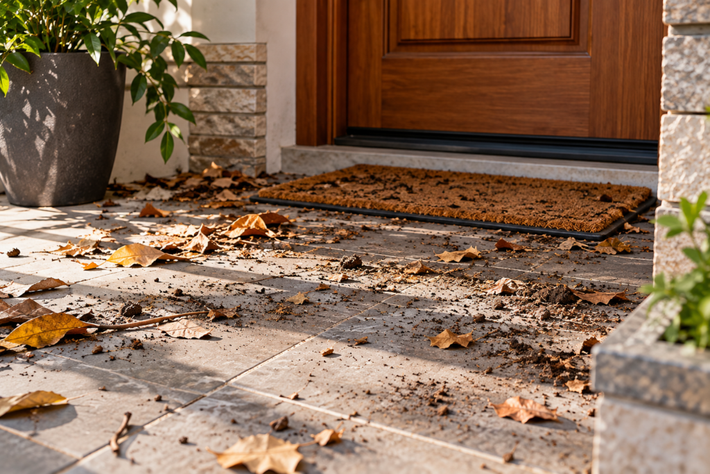 Outdoor entryway with dry leaves, dirt and debris scattered across the tiled floor.