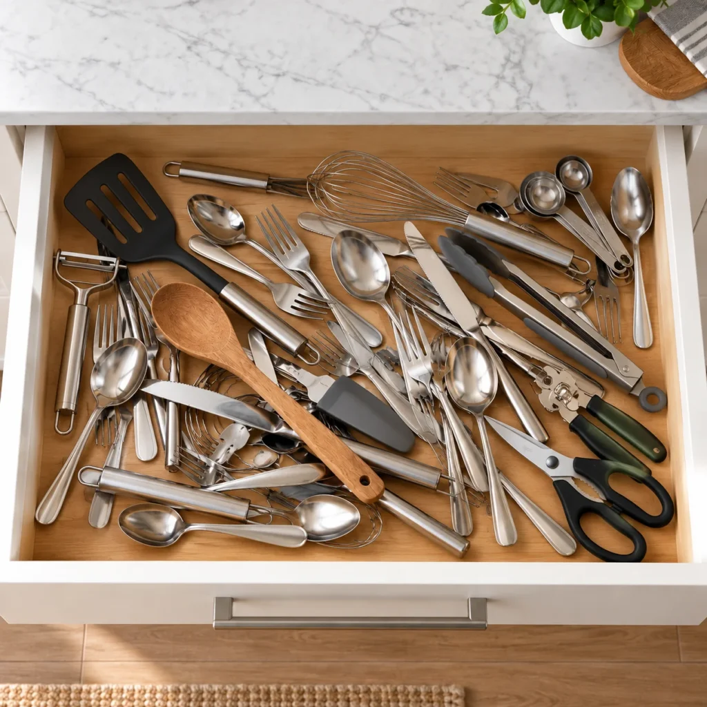 Cluttered kitchen drawer filled with mixed utensils and tools before using expandable bamboo drawer organizer.