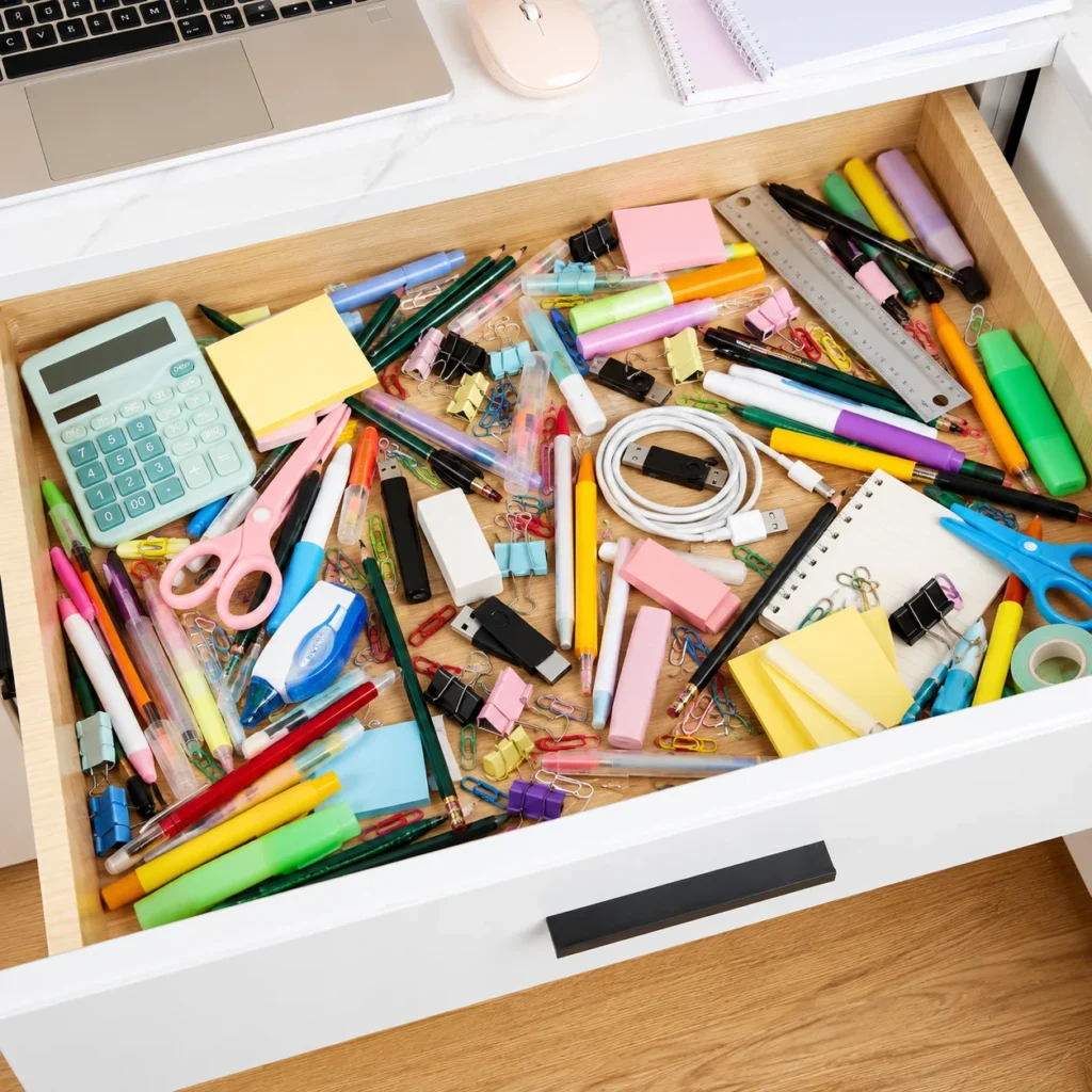 Open office drawer filled with loose pens, clips, markers, cables, scissors, sticky notes and small desk supplies.
