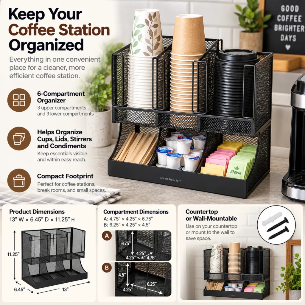 Infographic showing a six-compartment black metal coffee station organizer with cup, condiment and dimension callouts.