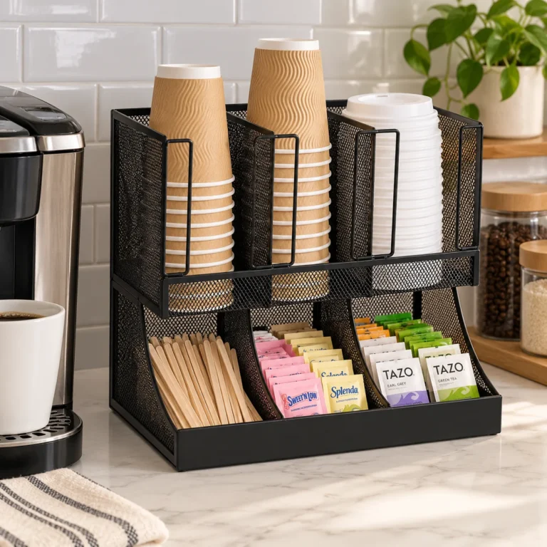 Black metal Mind Reader coffee station organizer holding cups, lids, stirrers, sweetener packets and tea bags beside a coffee machine.