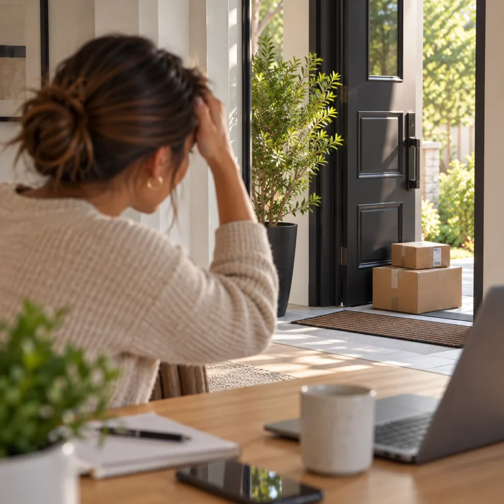 Woman sitting indoors looking toward an open front door with delivered packages left outside, illustrating a missed delivery scenario, before using ring battery doorbell.