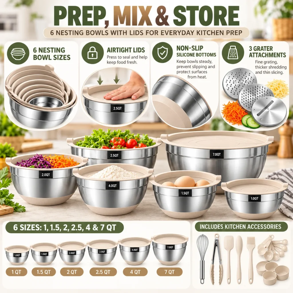 Infographic showing the six bowl sizes, airtight lids, non-slip silicone bottoms, grater attachments, and included kitchen accessories.