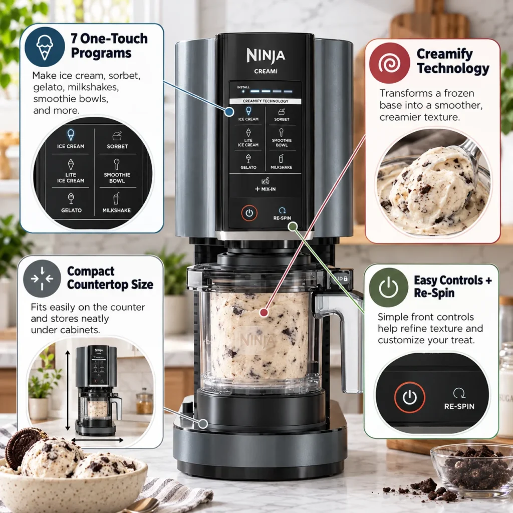Infographic showing the Ninja CREAMi 7-in-1 with seven one-touch programs, Creamify Technology, compact countertop size, and Re-Spin control.