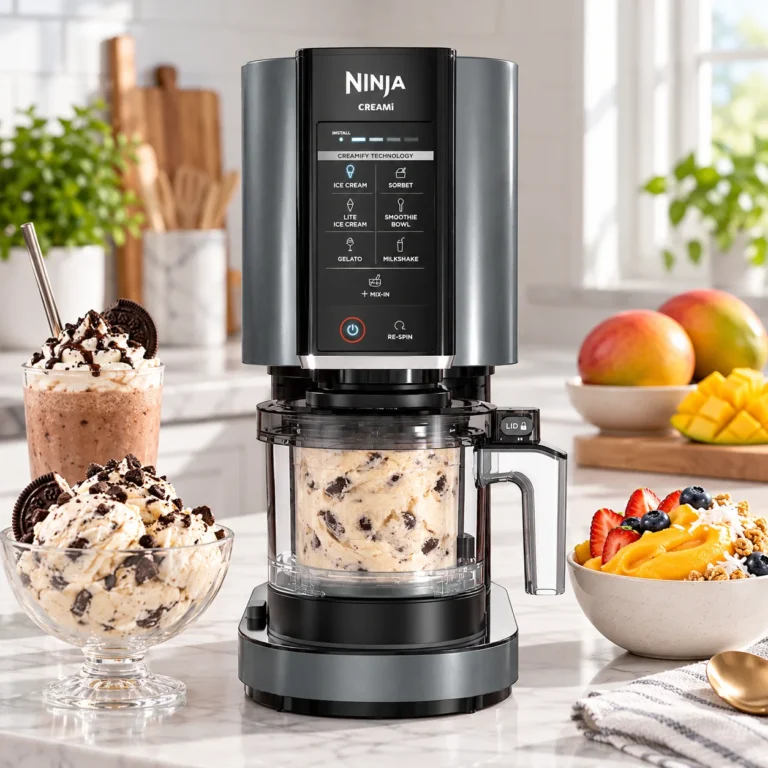 Ninja CREAMi ice cream maker on a kitchen counter surrounded by ice cream, milkshake and fruit dessert bowls.