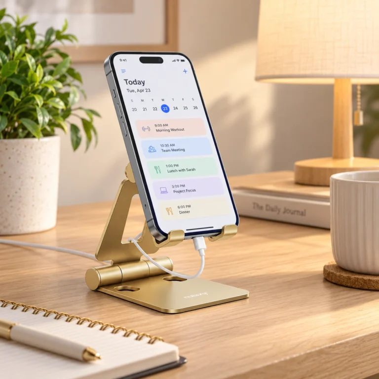 Smartphone resting on a gold Nulaxy folding phone stand on a desk while connected to a charging cable.