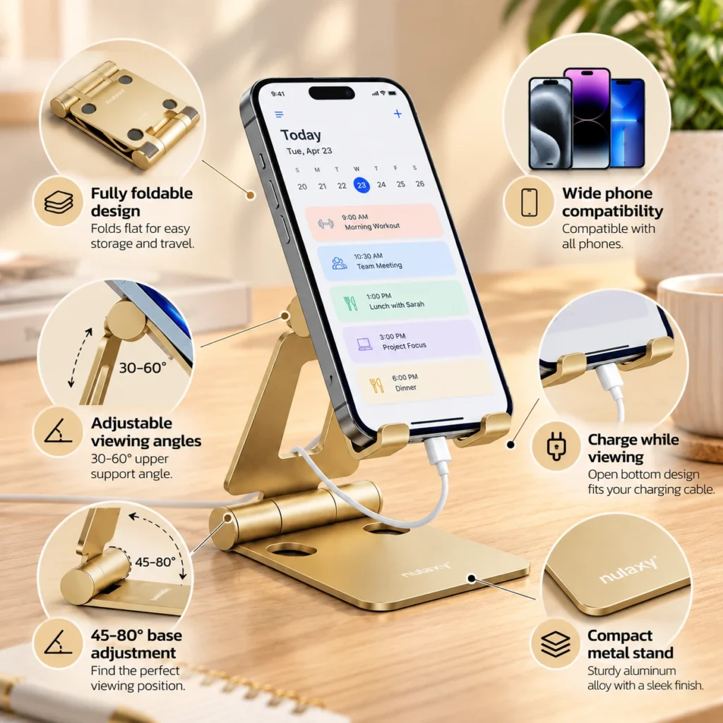 Infographic of a gold Nulaxy foldable phone stand showing foldability, adjustable angles, charging access, device compatibility and aluminum construction.