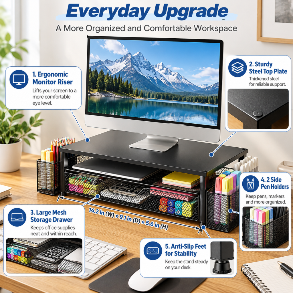 Feature infographic showing a black monitor riser with storage drawer, two side pen holders, steel top plate and anti-slip feet.