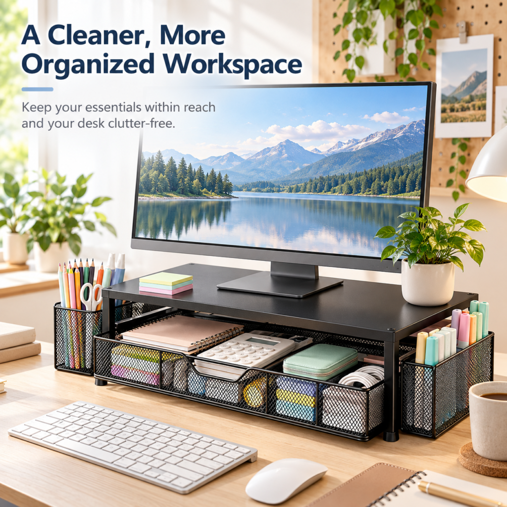 Organized home office desk with a black monitor stand, storage drawer and side pen holders beneath a desktop monitor.