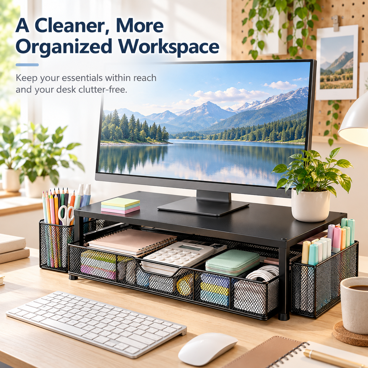 Organized home office desk with a black monitor stand, storage drawer and side pen holders beneath a desktop monitor.