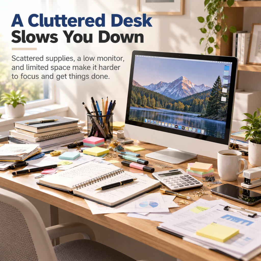Cluttered home office desk with scattered notebooks, pens, papers and a low monitor before adding a monitor stand with storage.