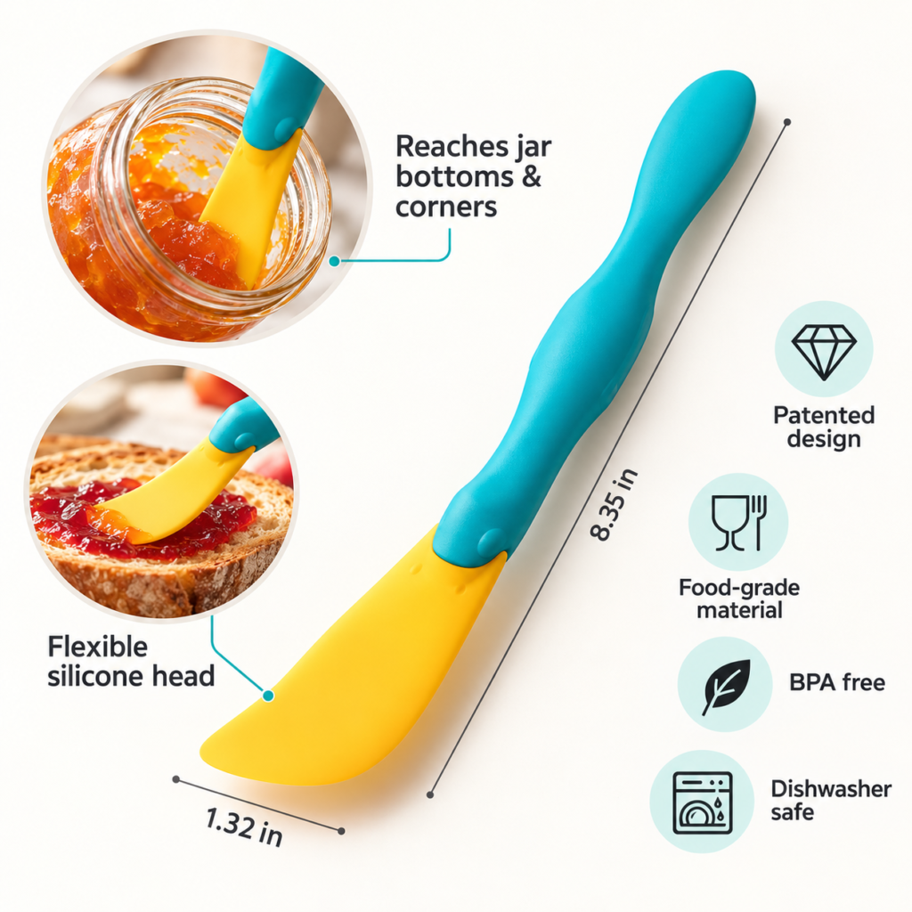 Infographic showing the OTOTO Splatypus jar scraper dimensions, flexible silicone head, food-grade material and dishwasher-safe care.