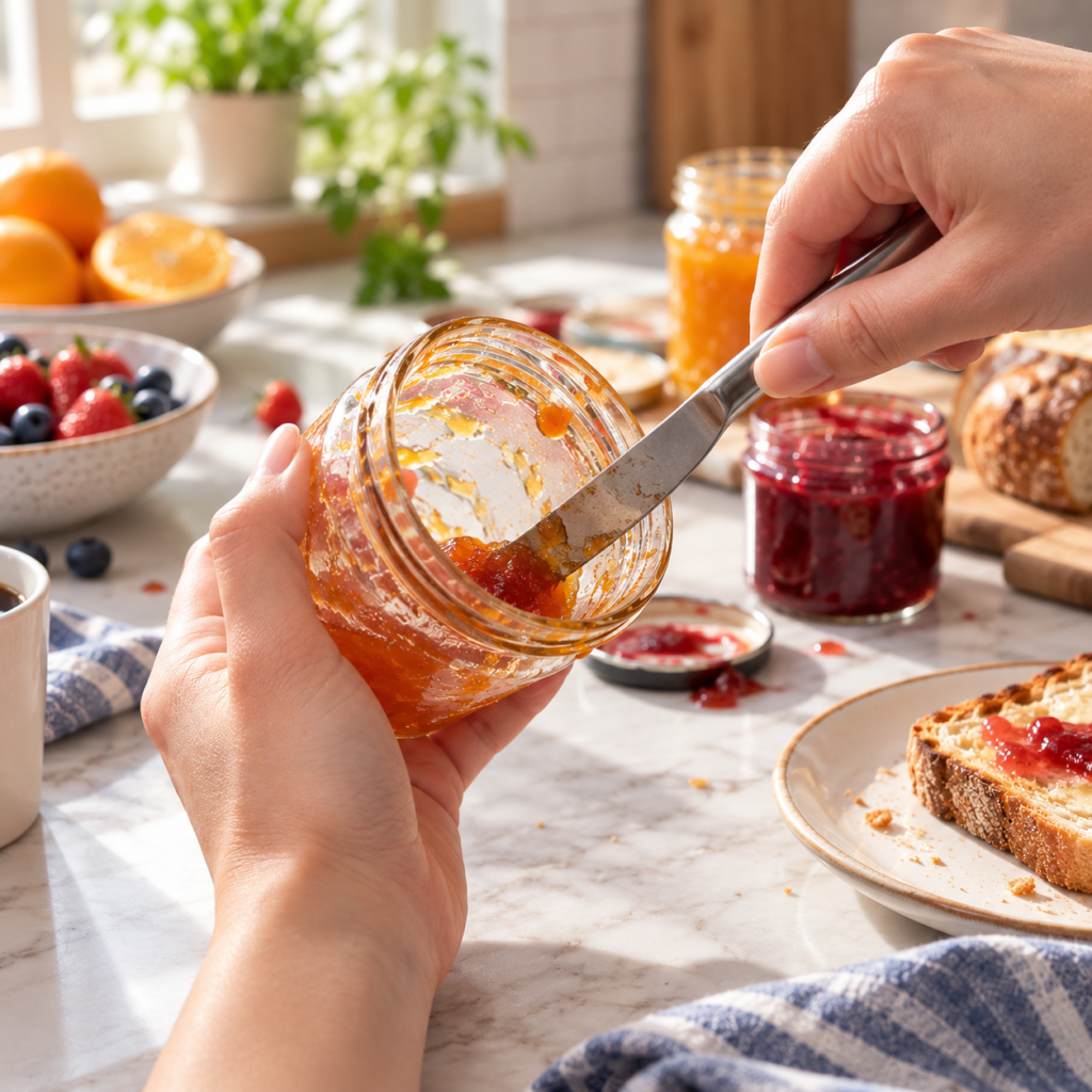 Hand scraping the last jam from a glass jar with a metal knife before using a dedicated jar scraper.