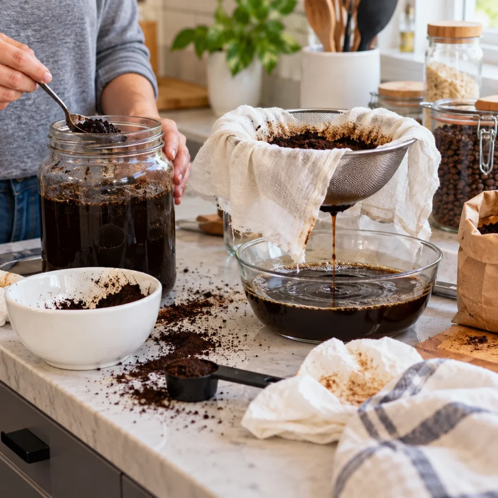 Messy homemade cold brew setup with a jar, improvised filter, coffee grounds, and spilled concentrate on a kitchen counter before using the OXO Cold Brew Coffee Maker.