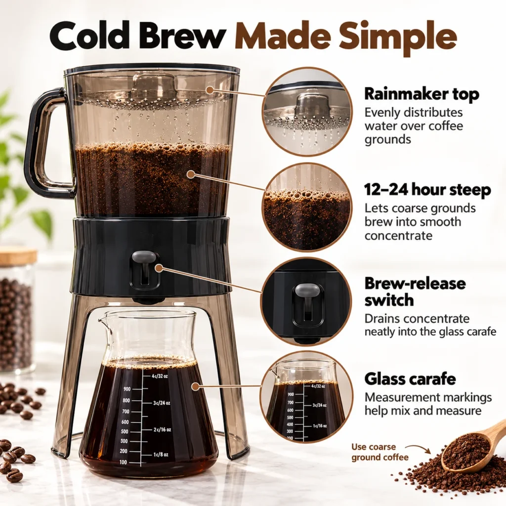 Infographic showing the OXO Cold Brew Coffee Maker with Rainmaker top, 12 to 24 hour steep guidance, brew-release switch, and glass carafe.