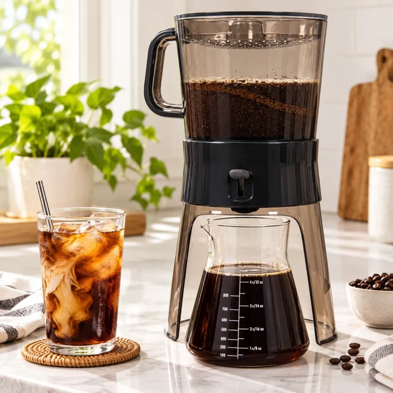 OXO Cold Brew Coffee Maker brewing coffee concentrate on a kitchen counter beside a glass of iced coffee and the included glass carafe.