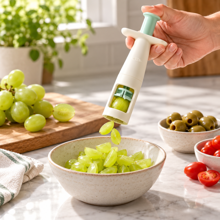Hand pressing an OXO grape cutter to quarter a green grape over a bowl.