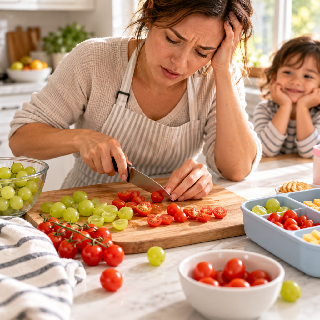 Parent manually quartering grapes and grape tomatoes on a cutting board during busy snack prep.