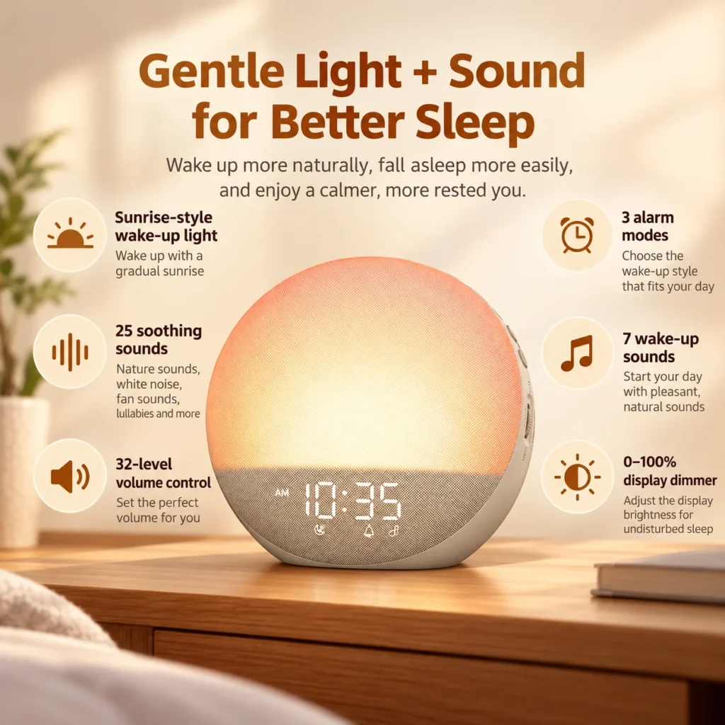 Odokee H03 feature infographic with sunrise light, sleep sounds, wake modes, alarm sounds, volume control and display dimmer