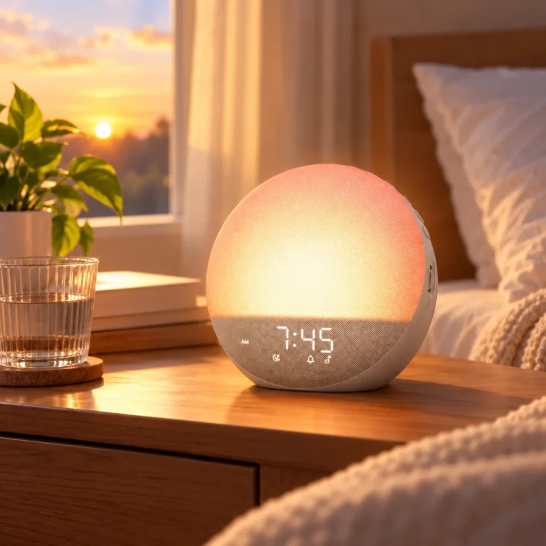 Odokee H03 sunrise alarm clock glowing warmly on a bedside table at dawn