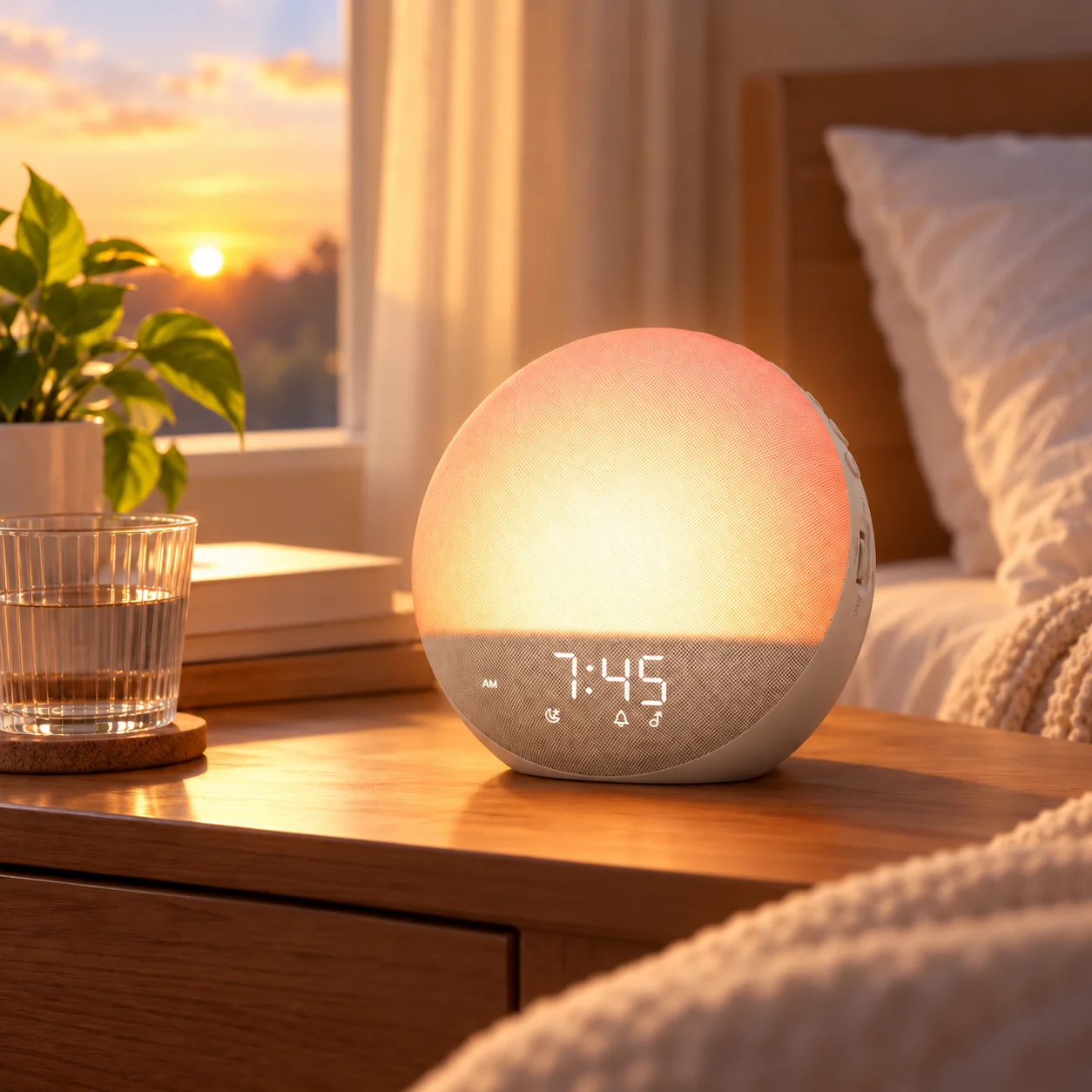 Odokee H03 sunrise alarm clock glowing warmly on a bedside table at dawn