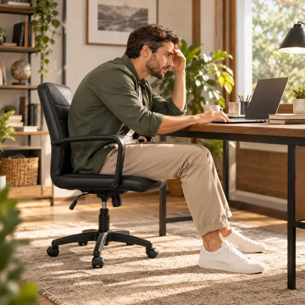Man leaning forward in a basic padded office chair at a home desk, illustrating an uncomfortable work posture before using GABRYLLY ergonomic office chair.