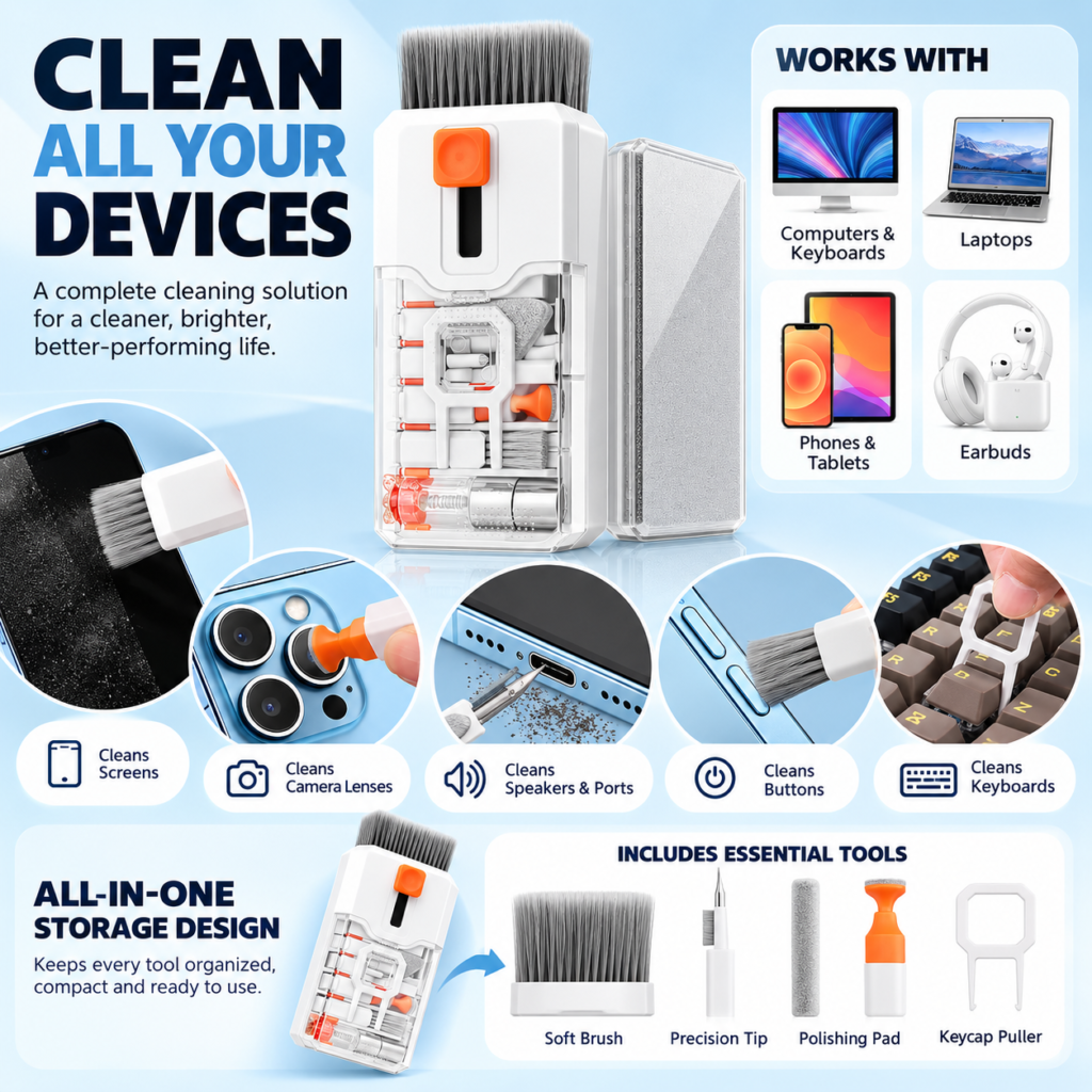 Infographic showing an Ordilend cleaning kit for keyboards, screens, ports, buttons and small electronics.