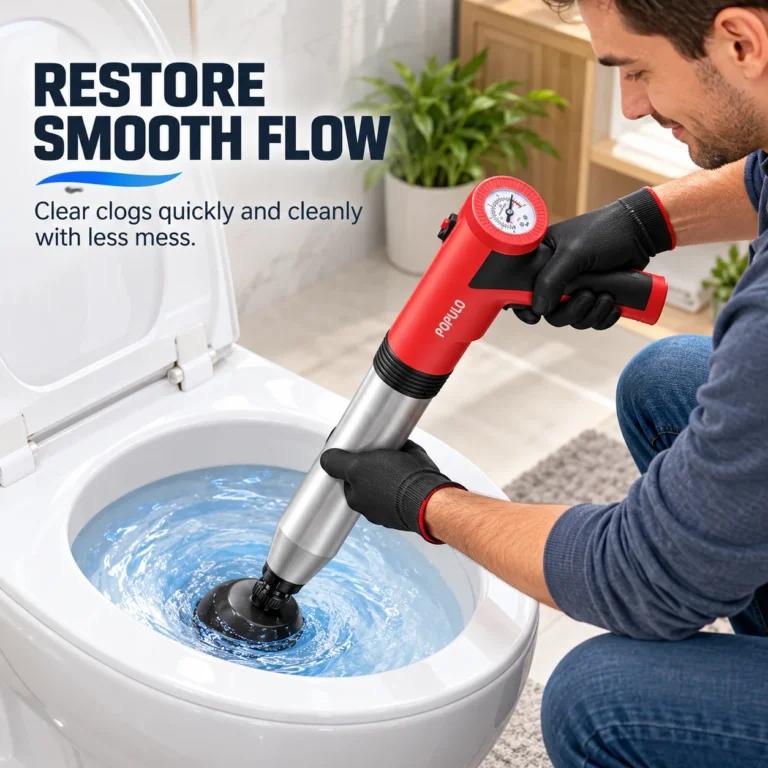 Man using a red POPULO electric toilet plunger with a sealed toilet head to clear a toilet clog.