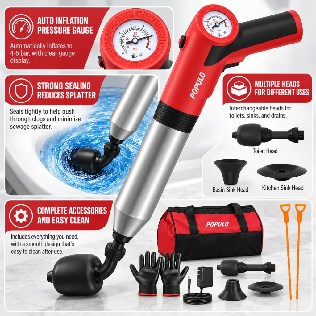 Infographic showing a POPULO electric toilet plunger with pressure gauge, sealing head, interchangeable drain heads, gloves, charger, and tool bag.