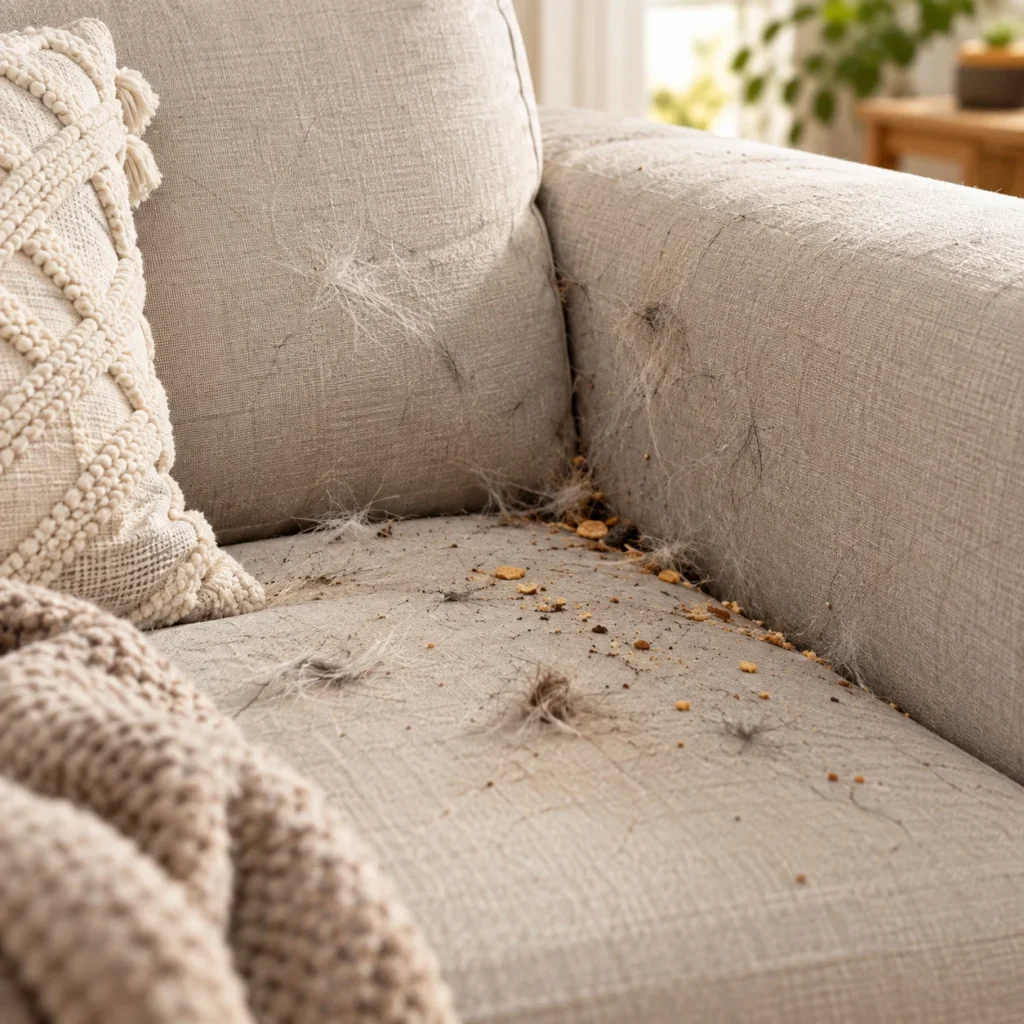 Close-up of a light-colored sofa cushion with visible pet hair and crumbs before vacuuming.