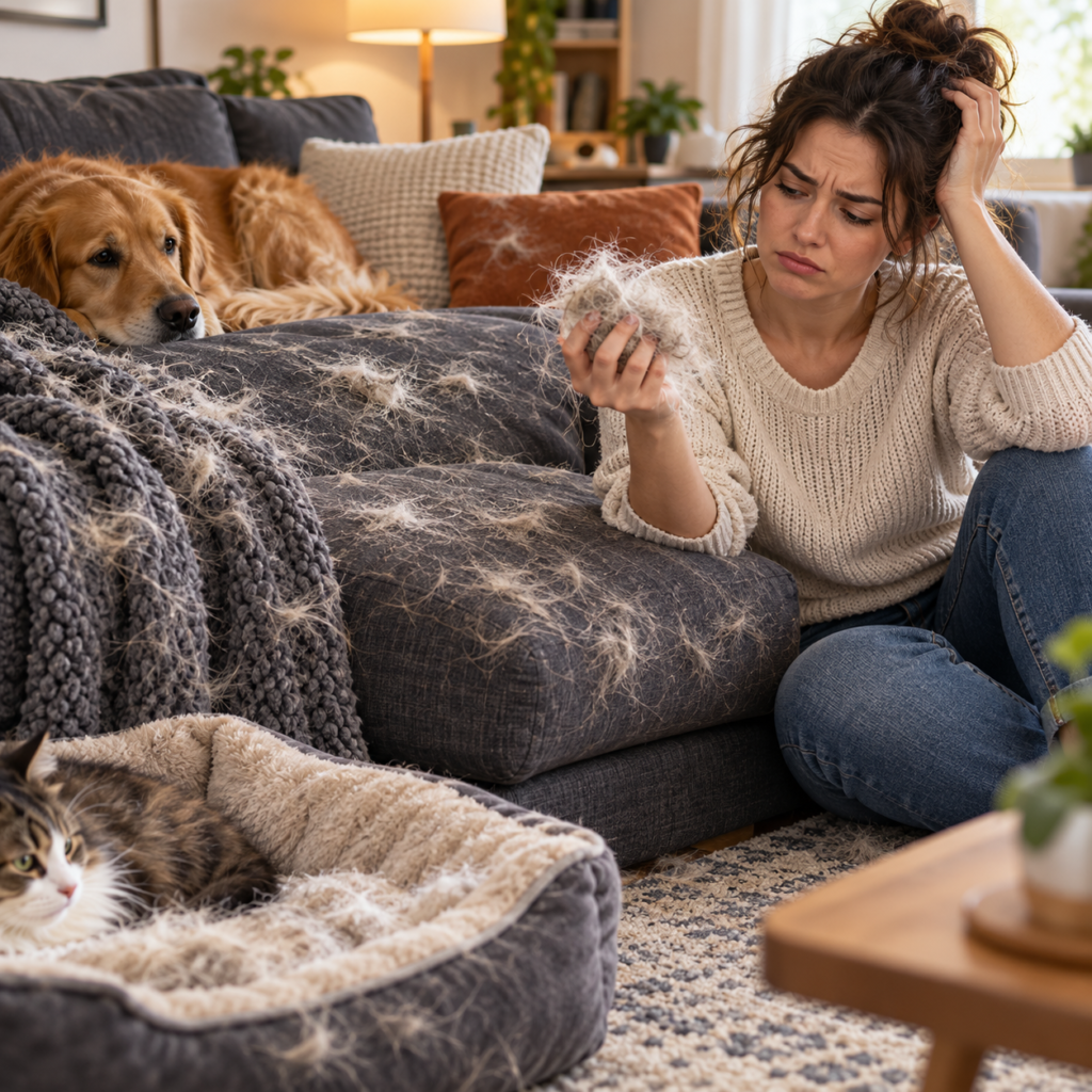 Woman holding a clump of pet hair beside a fur-covered couch with a dog and cat nearby.
