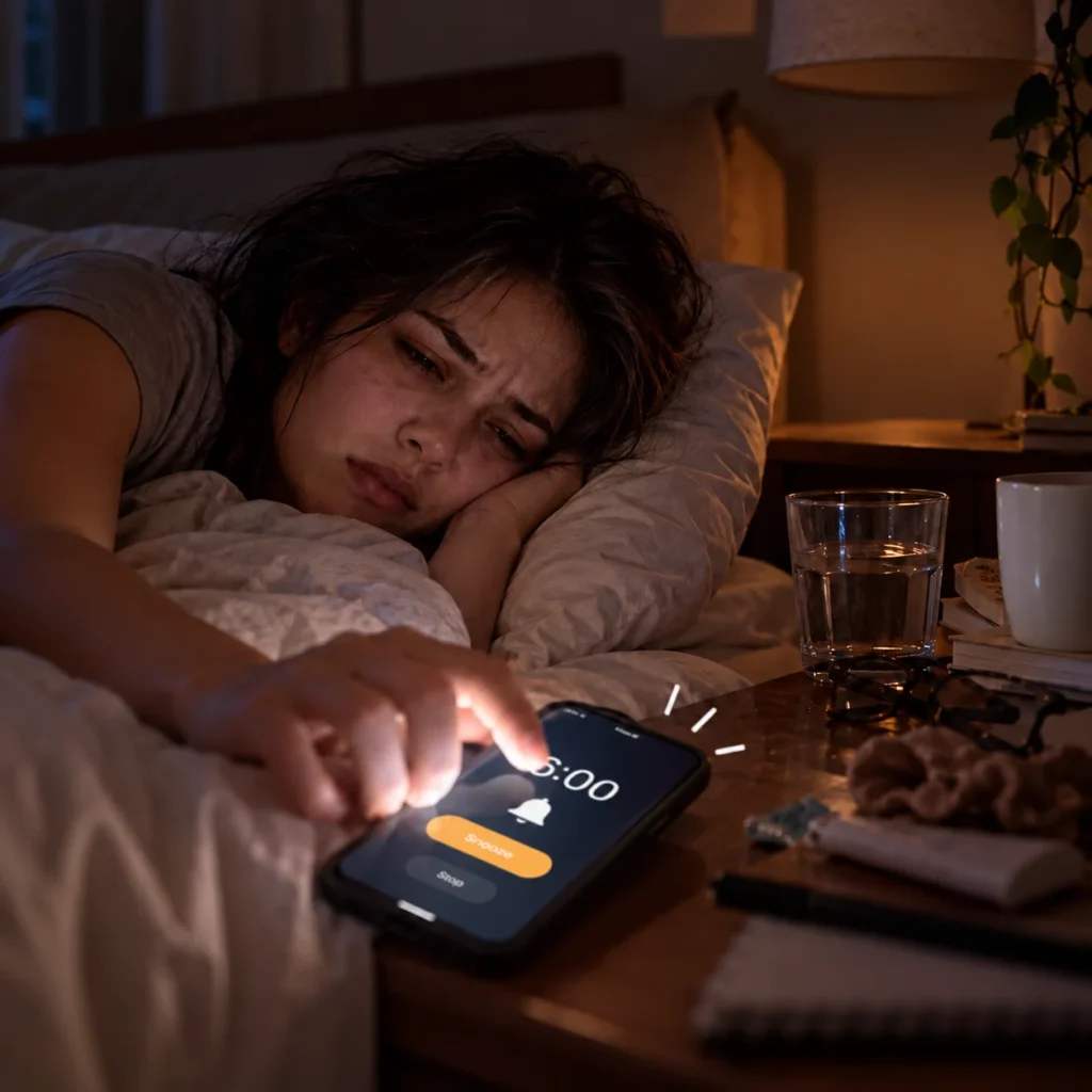Tired person reaching to snooze a phone alarm on a bedside table at night before using sunrise alarm clock with white noise.