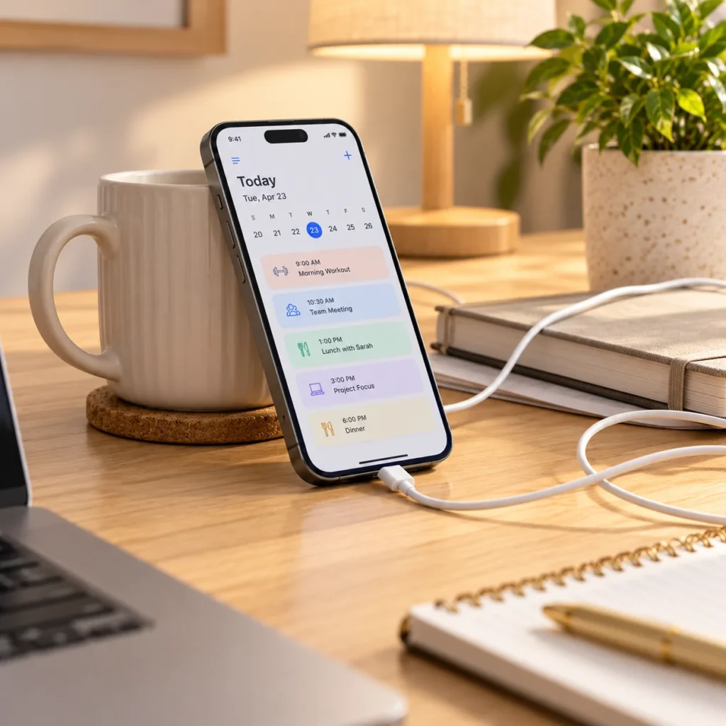 Smartphone propped against a coffee mug on a desk while charging, without a phone stand.