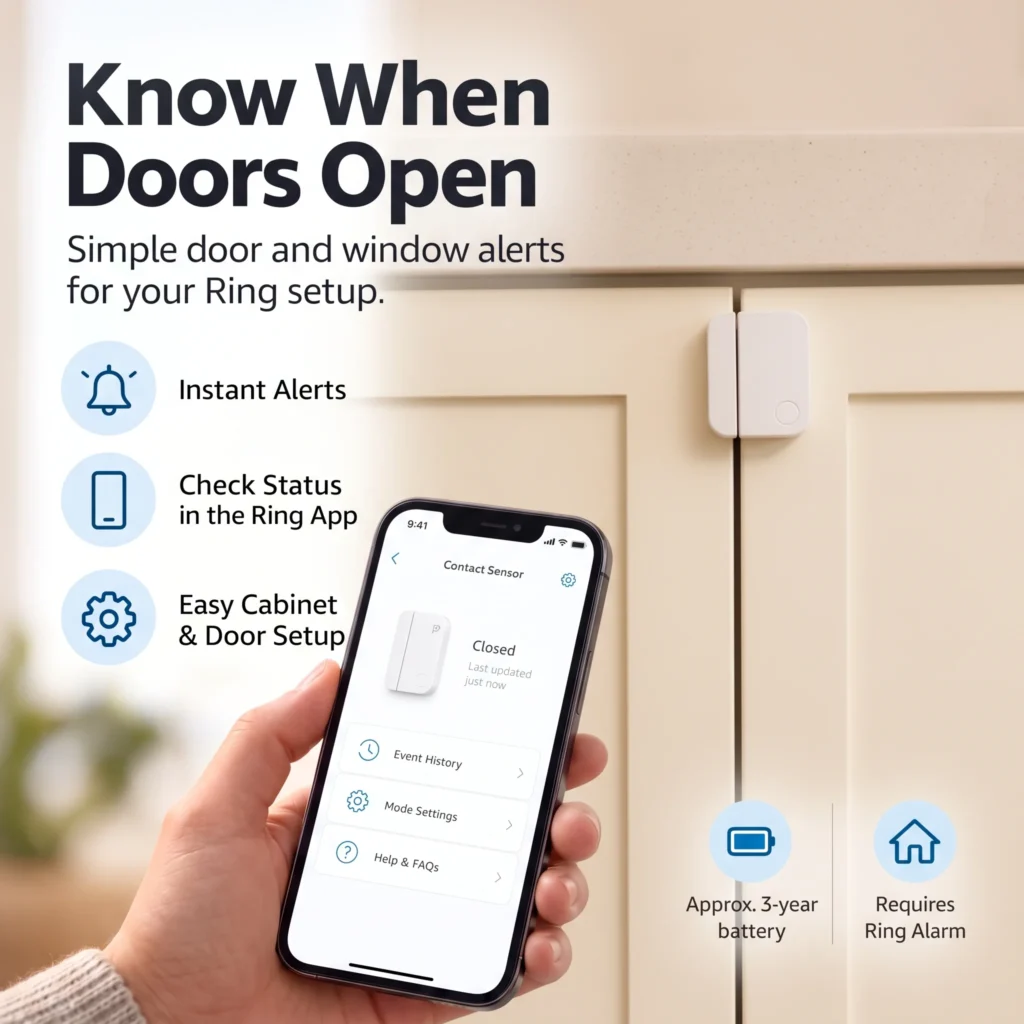 Infographic showing the Ring Alarm Contact Sensor on a cabinet door with app view, highlighting instant alerts, app status checks, easy setup, approximate 3-year battery life, and Ring Alarm requirement.